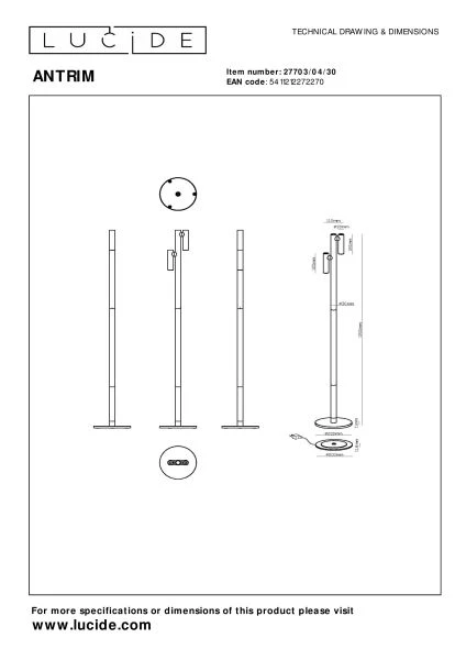 Lucide ANTRIM - Rechargeable Floor reading lamp Indoor/Outdoor - Battery pack - LED Dim. - 2x2,2W 2700K - IP54 - With wireless charging pad - Black - technical